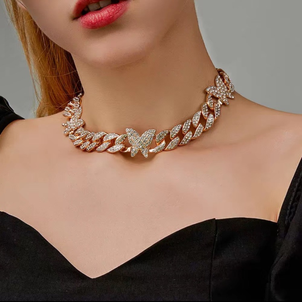 24K Gold Plated Butterfly Cuban Chain Link Choker Necklace - Picture 5 of 7